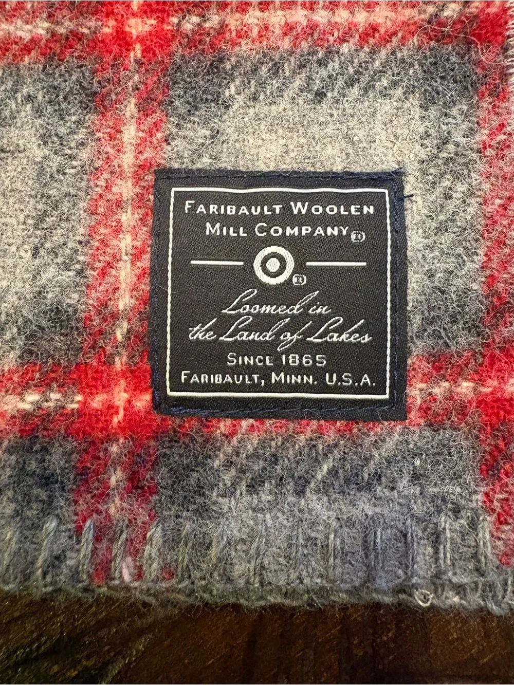 Faribault Woolen Mill Company Wool gray and red plaid scarf